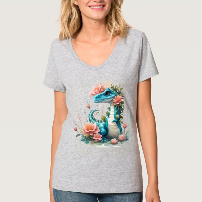 Niedlicher floraler Dinosaurier T-Shirt (Vorderseite)