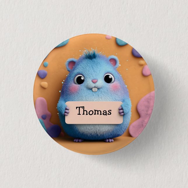 Niedlicher Fluffy Blue Hamster mit Namensschild Button (Vorderseite)