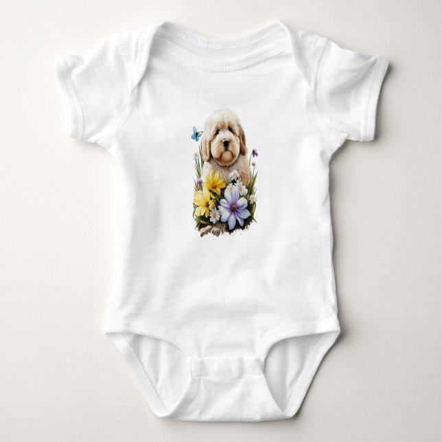 Niedlicher fluffy Welpenhund mit Blume Baby Strampler (Vorderseite)