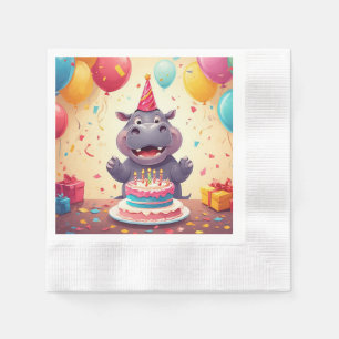 Niedlicher Flusspferd Geburtstag mit Kuchen feiern Serviette