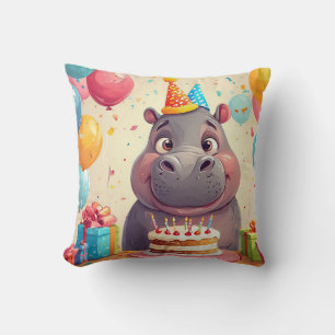 Niedlicher Flusspferd-Geburtstag mit Kuchen Kissen