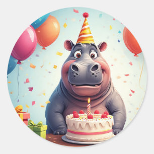 Niedlicher Flusspferd-Geburtstag mit Kuchen Runder Aufkleber