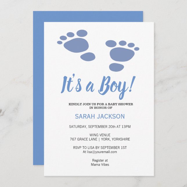 Niedlicher Footprint Modernes Blau Es ist eine Bab Einladung (Vorne/Hinten)