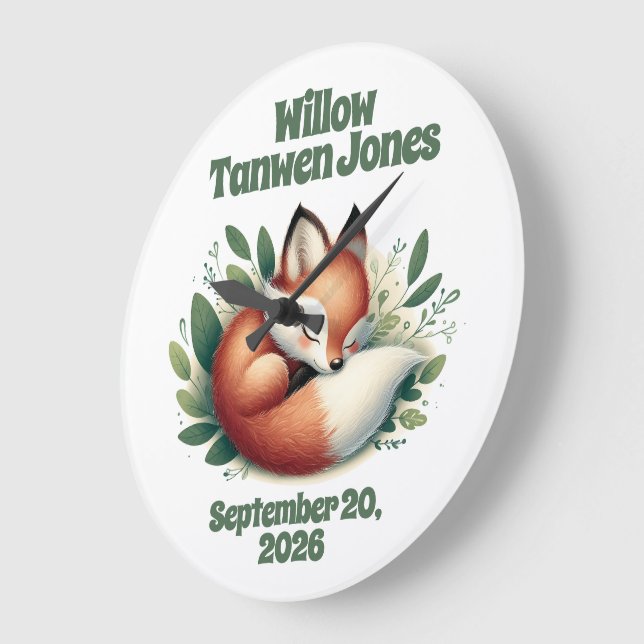 Niedlicher Fox Asleep in Blätter Kinderzimmer Große Wanduhr (Winkel)