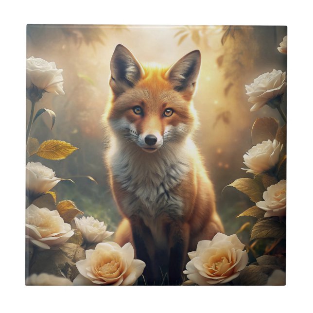 Niedlicher Fox mit Blume Fliese (Vorderseite)