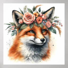 Niedlicher Fox mit Blumenkronenplakat Poster