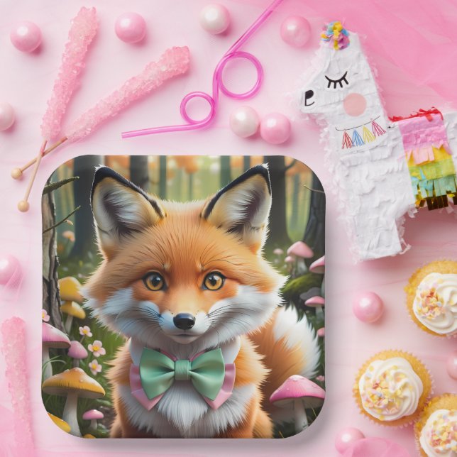 Niedlicher Fox mit einem grünen und rosa Bug Pappteller (Party)