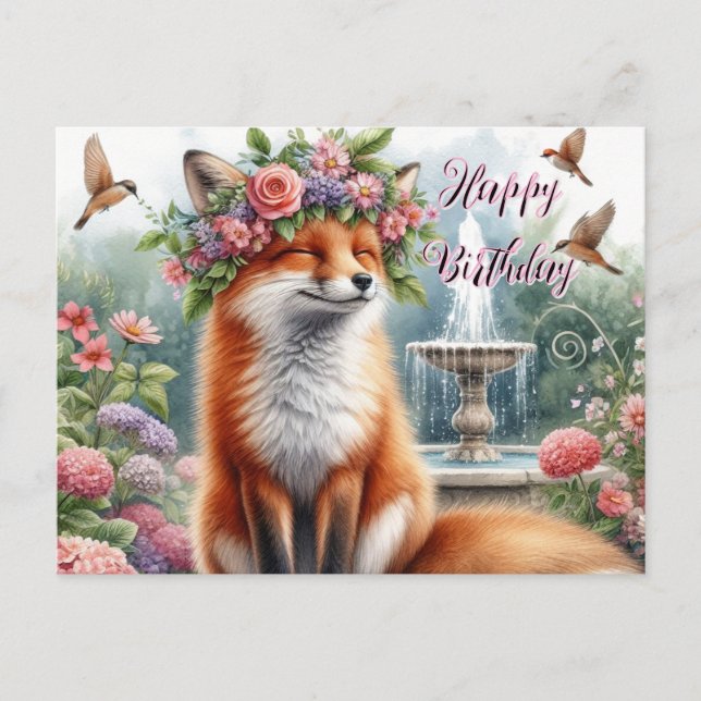 Niedlicher Fox mit floral Crown Happy Birthday Pos Postkarte (Vorderseite)