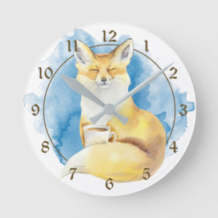 Niedlicher Fox mit Kaffee Cup auf Blue Runde Wanduhr