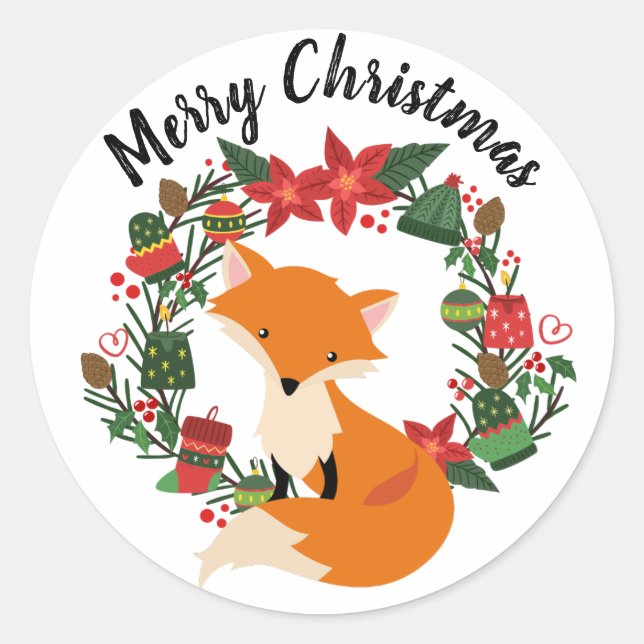 Niedlicher Fox mit Weihnachtskranz Runder Aufkleber (Vorderseite)