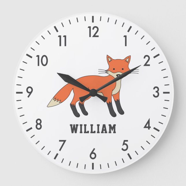 Niedlicher Fox-Personalisierter Individuelle Name  Große Wanduhr (Vorderseite)