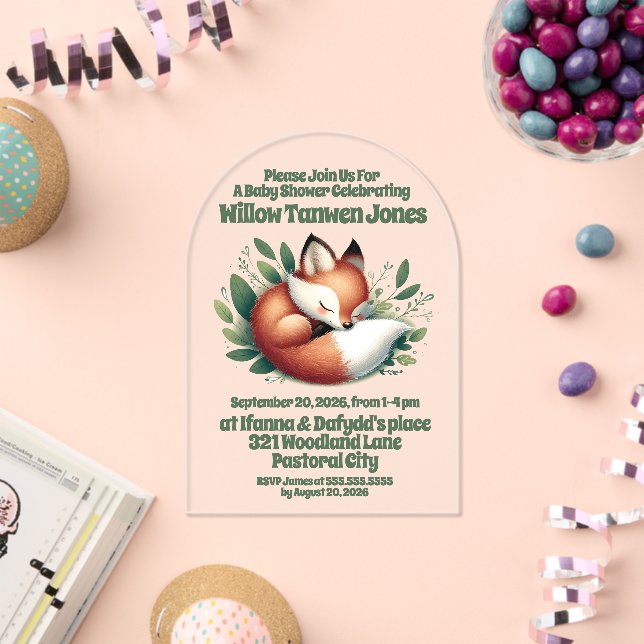 Niedlicher Fox-Schlaf in Blätter Kinderdusche Acryleinladungen (Insitu (Feier))