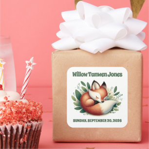 Niedlicher Fox-Schlaf in Blätter Kinderdusche Quadratischer Aufkleber