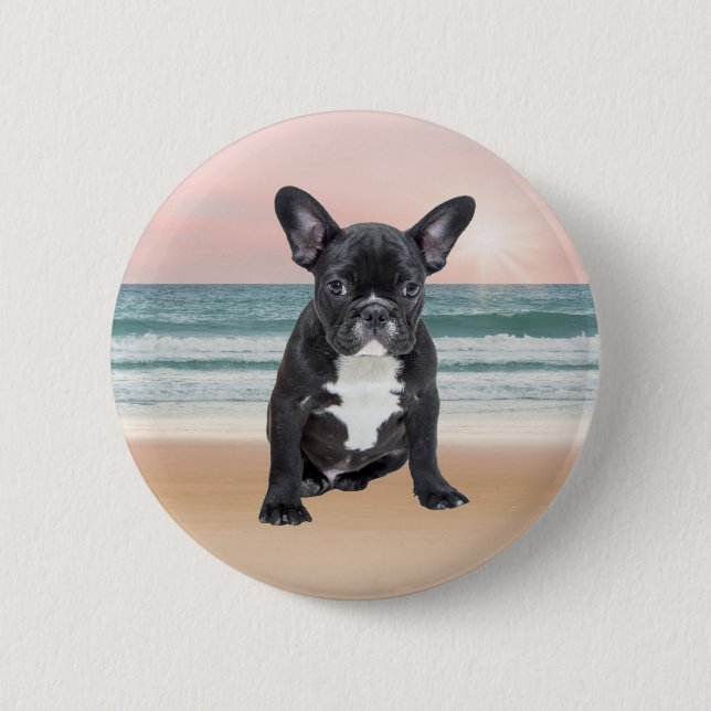 Niedlicher französischer Bulldog Beach Button (Vorderseite)