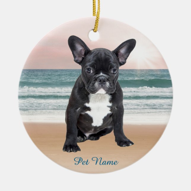 Niedlicher französischer Bulldog Beach Keramik Ornament (Vorne)
