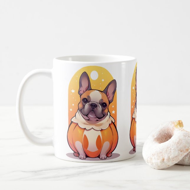 Niedlicher französischer Bulldog halloween Pumpkin Kaffeetasse (Mit Donut)