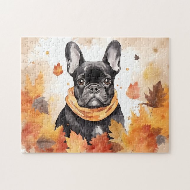 Niedlicher französischer Bulldog-Hund/Herbst/Herbs Puzzle (Horizontal)