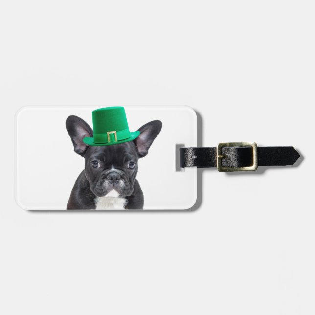 Niedlicher französischer Bulldog mit Hat St. Patri Gepäckanhänger (Vorderseite horizontal)