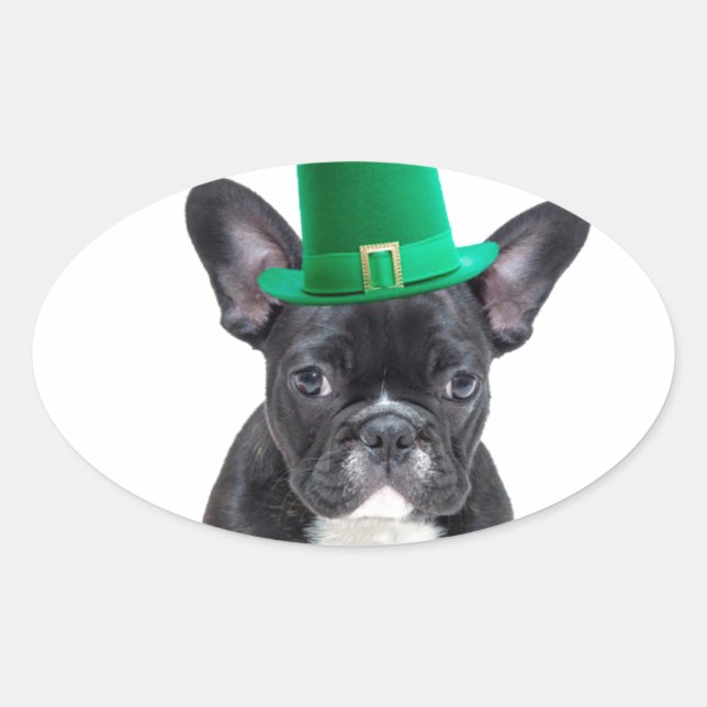 Niedlicher französischer Bulldog mit Hat St. Patri Ovaler Aufkleber (Vorderseite)