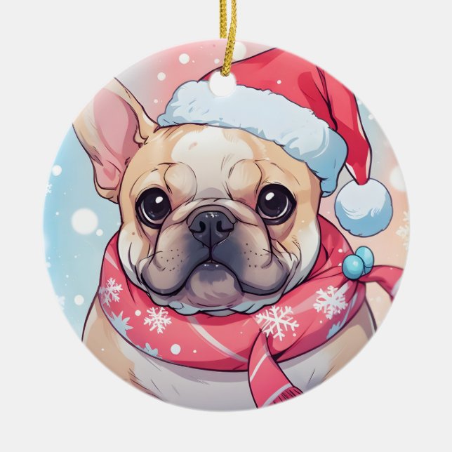 Niedlicher französischer Bulldog mit Hut und Schal Keramik Ornament (Vorne)
