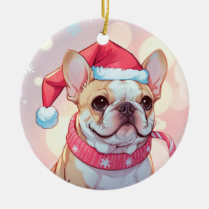 Niedlicher französischer Bulldog mit Hut und Schal Keramik Ornament