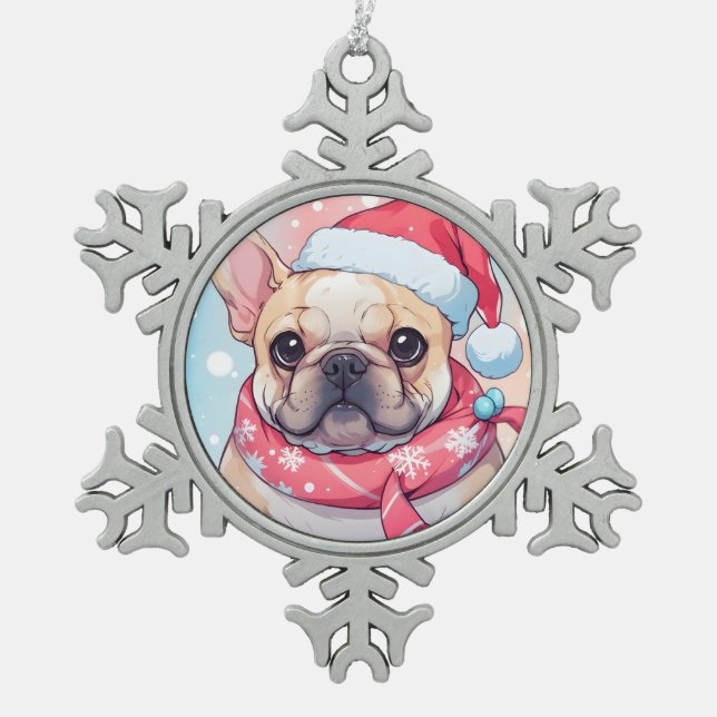 Niedlicher französischer Bulldog mit Hut und Schal Schneeflocken Zinn-Ornament (Vorderseite)