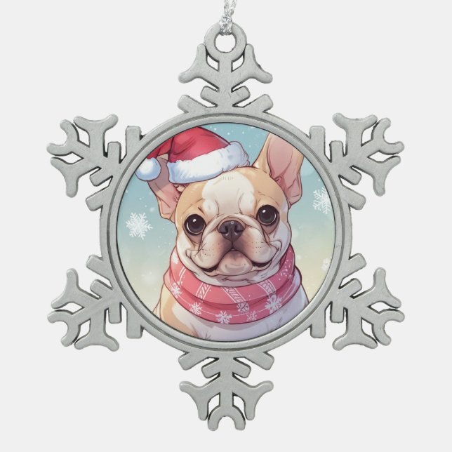 Niedlicher französischer Bulldog mit Hut und Schal Schneeflocken Zinn-Ornament (Vorderseite)