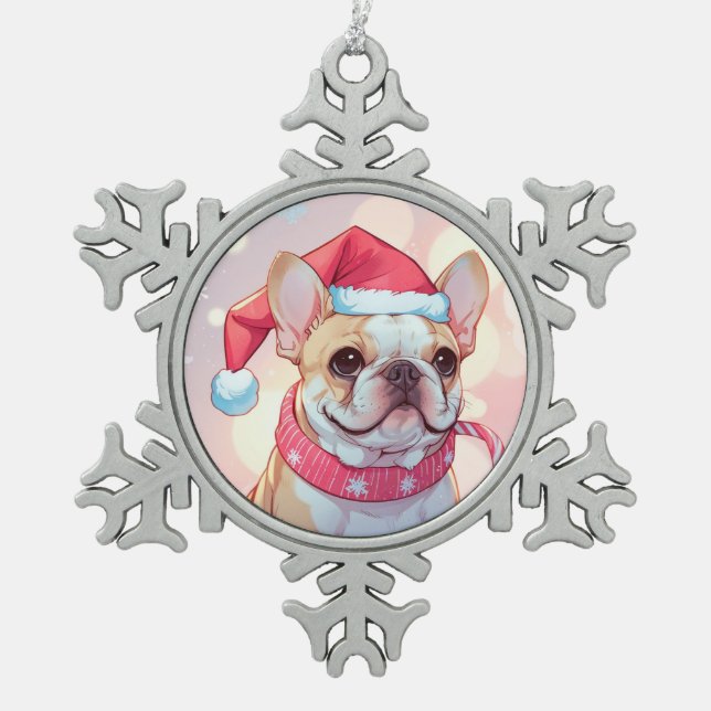 Niedlicher französischer Bulldog mit Hut und Schal Schneeflocken Zinn-Ornament (Vorderseite)
