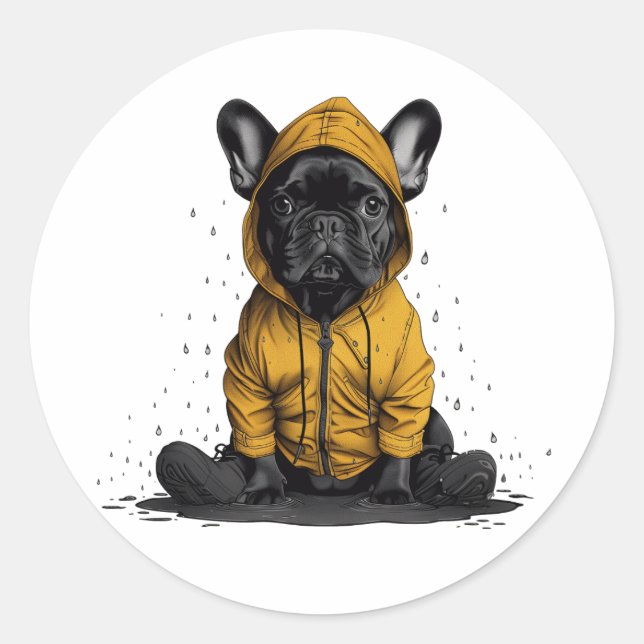 Niedlicher französischer Bulldog mit Regenmantel Runder Aufkleber (Vorderseite)