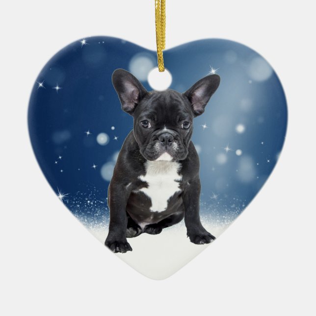 Niedlicher französischer Bulldog Snow Stars Keramik Ornament (Vorne)