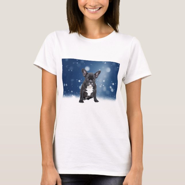 Niedlicher französischer Bulldog Snow Stars T-Shirt (Vorderseite)