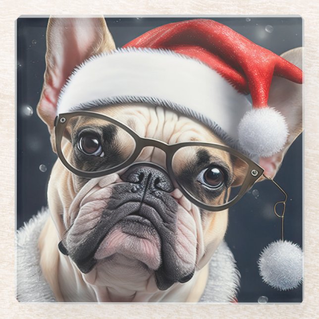 Niedlicher französischer Bulldog Weihnachtsgeschen Glasuntersetzer (Vorderseite)