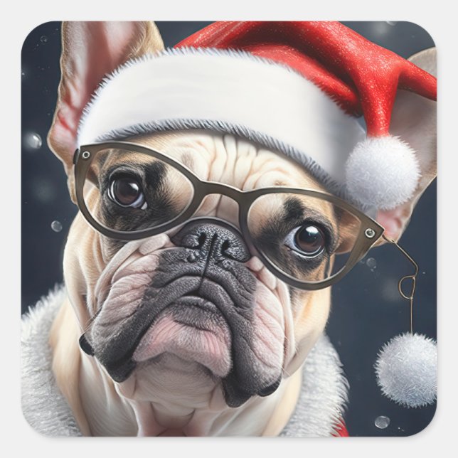 Niedlicher französischer Bulldog Weihnachtsgeschen Quadratischer Aufkleber (Vorderseite)