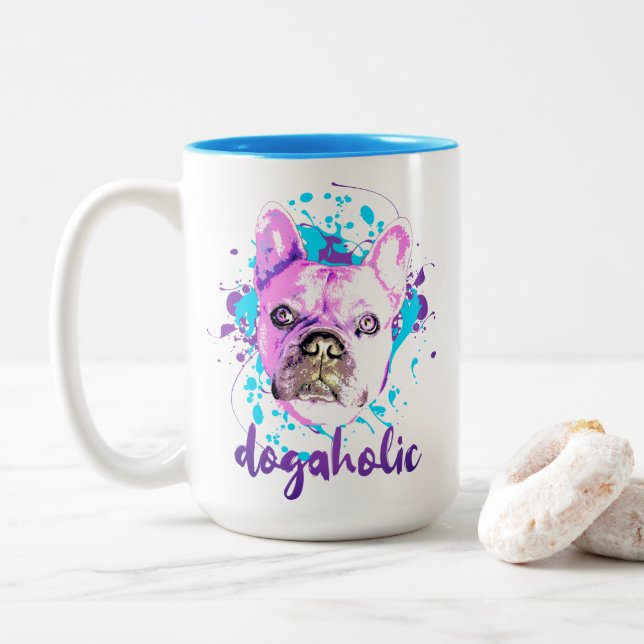 Niedlicher französischer Bulldogge Gesicht Pink Bl Zweifarbige Tasse (Mit Donut)