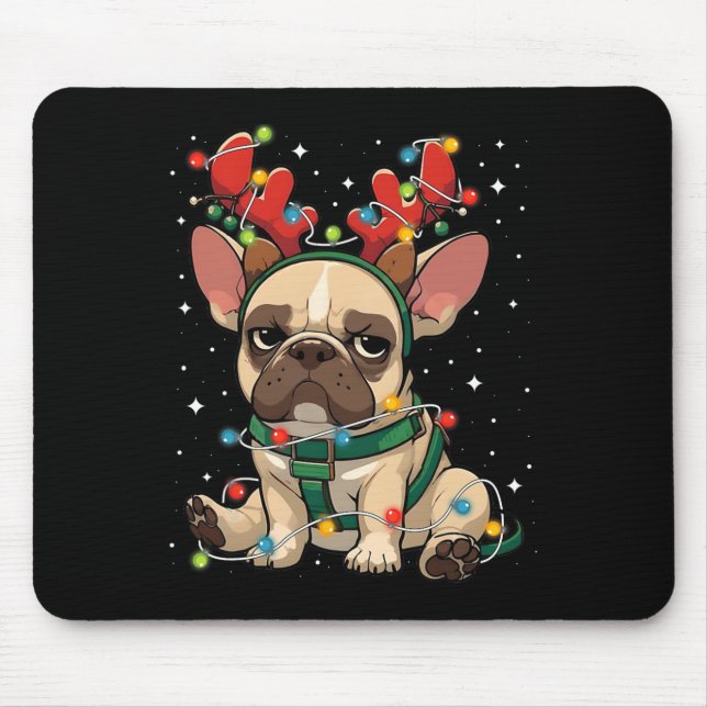 Niedlicher französischer Bulldogge in Weihnachtsbe Mousepad (Vorne)