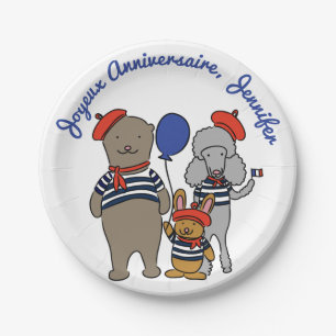 Niedlicher französischer Cartoon Tiere zum Geburts Pappteller