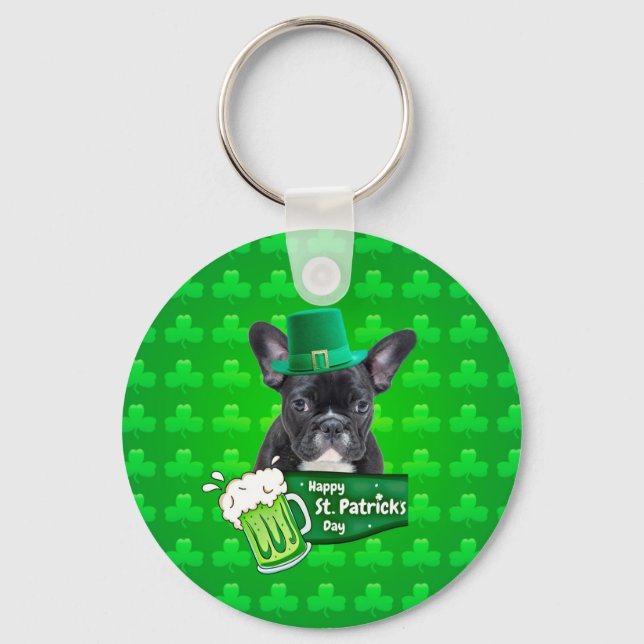 Niedlicher French Bulldog Welppy Hat St. Patrick D Schlüsselanhänger (Vorderseite)