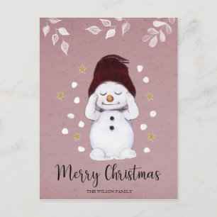 Niedlicher Friedlicher Schneemann Rosa Weihnachtsf Feiertagspostkarte