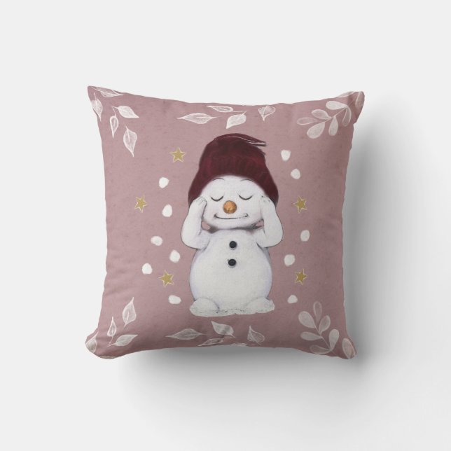Niedlicher Friedlicher Schneemann Rosa Weihnachtsf Kissen (Vorderseite)