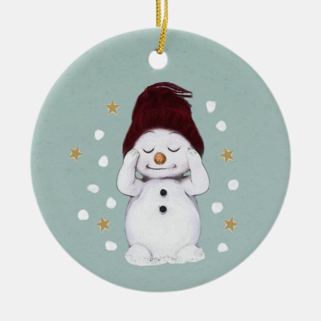 Niedlicher Friedlicher Schneemann Winter Blauer We Keramik Ornament (Vorne)