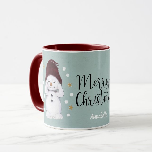 Niedlicher Friedlicher Schneemann Winter Blauer We Tasse (Vorderseite Links)