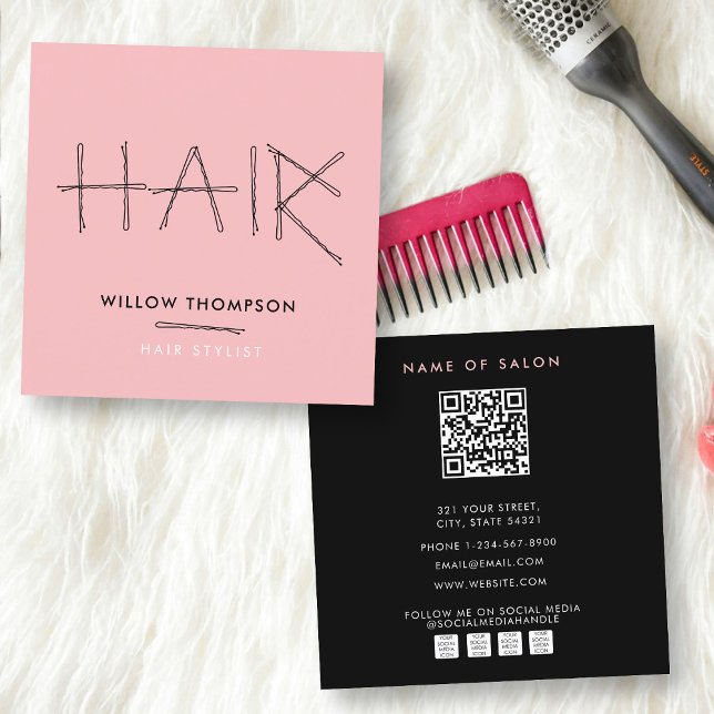 Niedlicher Friseur Black Pink Bobby Buttone Friseu Quadratische Visitenkarte (Cute Hairdresser Black Pink Bobby Pins Hair Square Business Card)