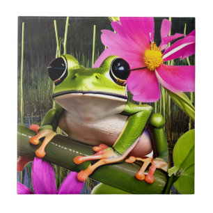 Niedlicher Frog auf rosa Blume Fliese