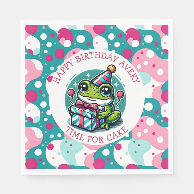 Niedlicher Frog Themed Girl's Personalisierter Geb Serviette (Vorderseite)