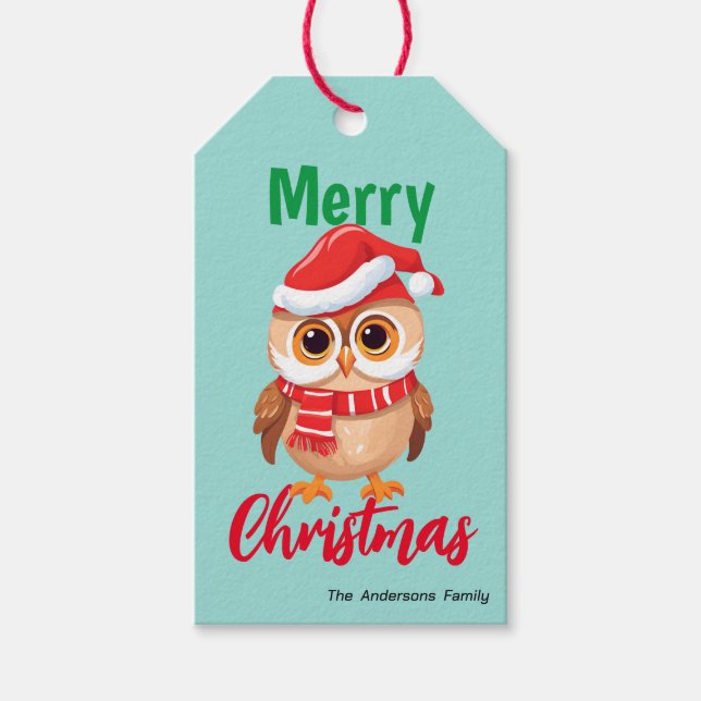 Niedlicher froher Weihnachtskinder Owl Santa Scarf Geschenkanhänger (Vorderseite)