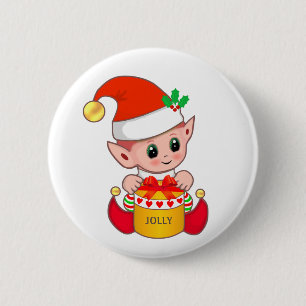 Niedlicher, fröhlicher Weihnachtself Button
