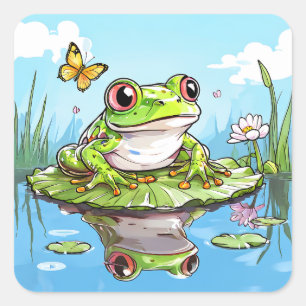 Niedlicher Frosch auf einem Lily Pad Niedlich Quadratischer Aufkleber