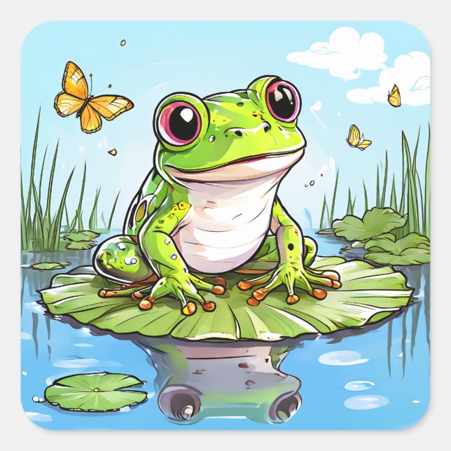 Niedlicher Frosch auf einem Lily Pad Quadratischer Aufkleber (Vorderseite)