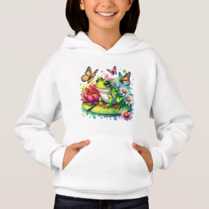 Niedlicher Frosch auf Lily Pad mit Blume und Schme Hoodie
