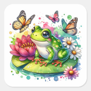 Niedlicher Frosch auf Lily Pad mit Blume und Schme Quadratischer Aufkleber